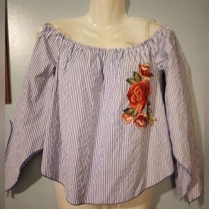 Miley+Molly floral embroidered off shoulder striped top